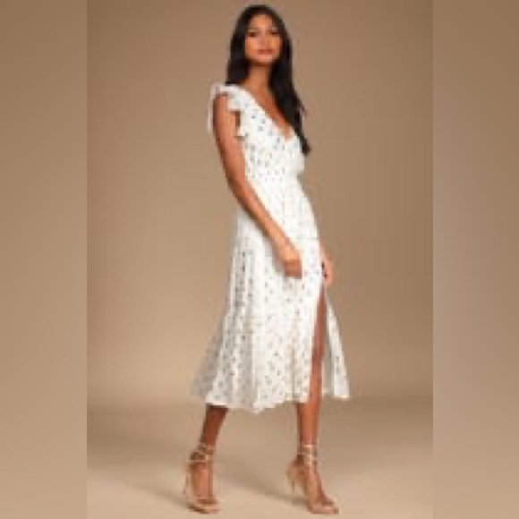 Lulu’s Cause to Celebrate White & Gold Dot Ruffled Tiered MIDI Dress Size M - Picture 2 of 8